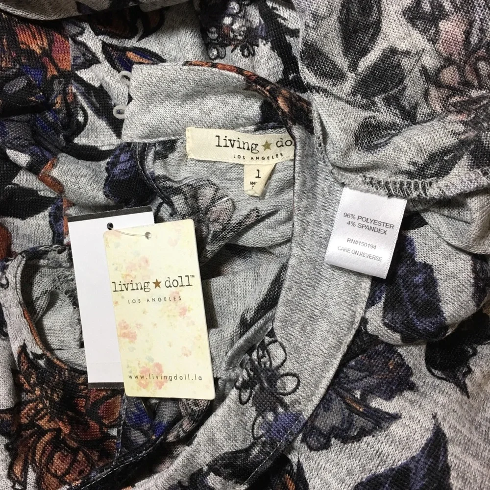 NWT Living Doll Keyhole Gray Floral Dress Size L Boho‎ Soft Grunge Romantic